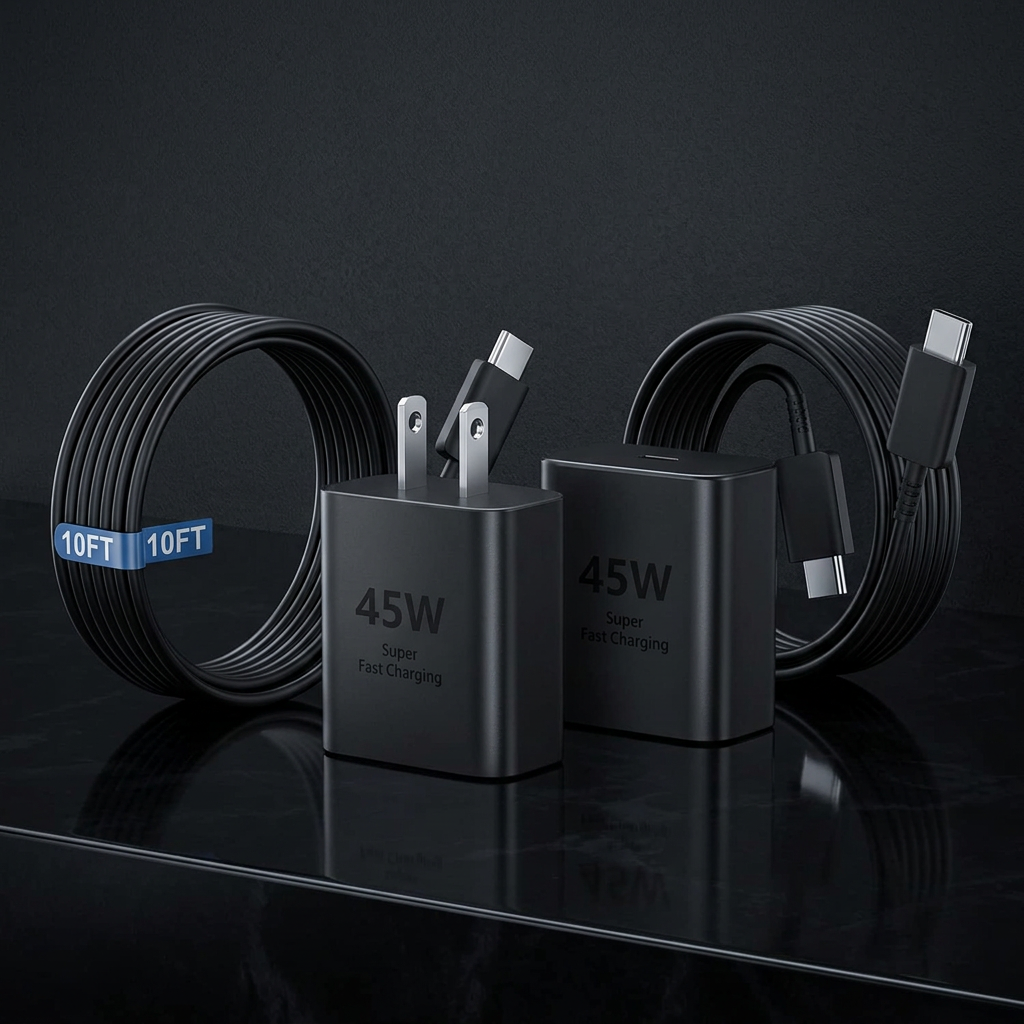 Two black 45W USB-C chargers and cables in a cinematic studio setting
