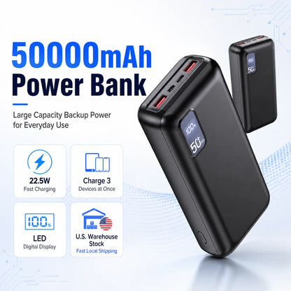 US Stock Free Shipping 50000mAh Power Bank High Capacity PD 22.5W Fast Charging Portable Power Bank for Emergency Backup