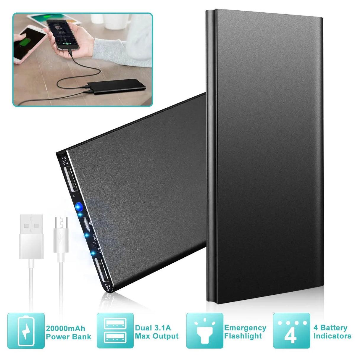 20000mAh Dual USB Ports Ultra-thin Power Bank External Battery Pack Phone Charger