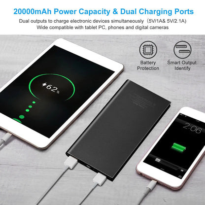 20000mAh Dual USB Ports Ultra-thin Power Bank External Battery Pack Phone Charger