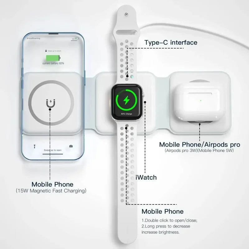 3 in1 Magnetic Foldable Wireless Charger Fast Charging Station Multi-Device Charging Dock for Smart Phones Earbuds Watch Charger