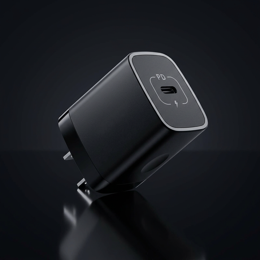 Black USB-C wall charger with cinematic studio lighting