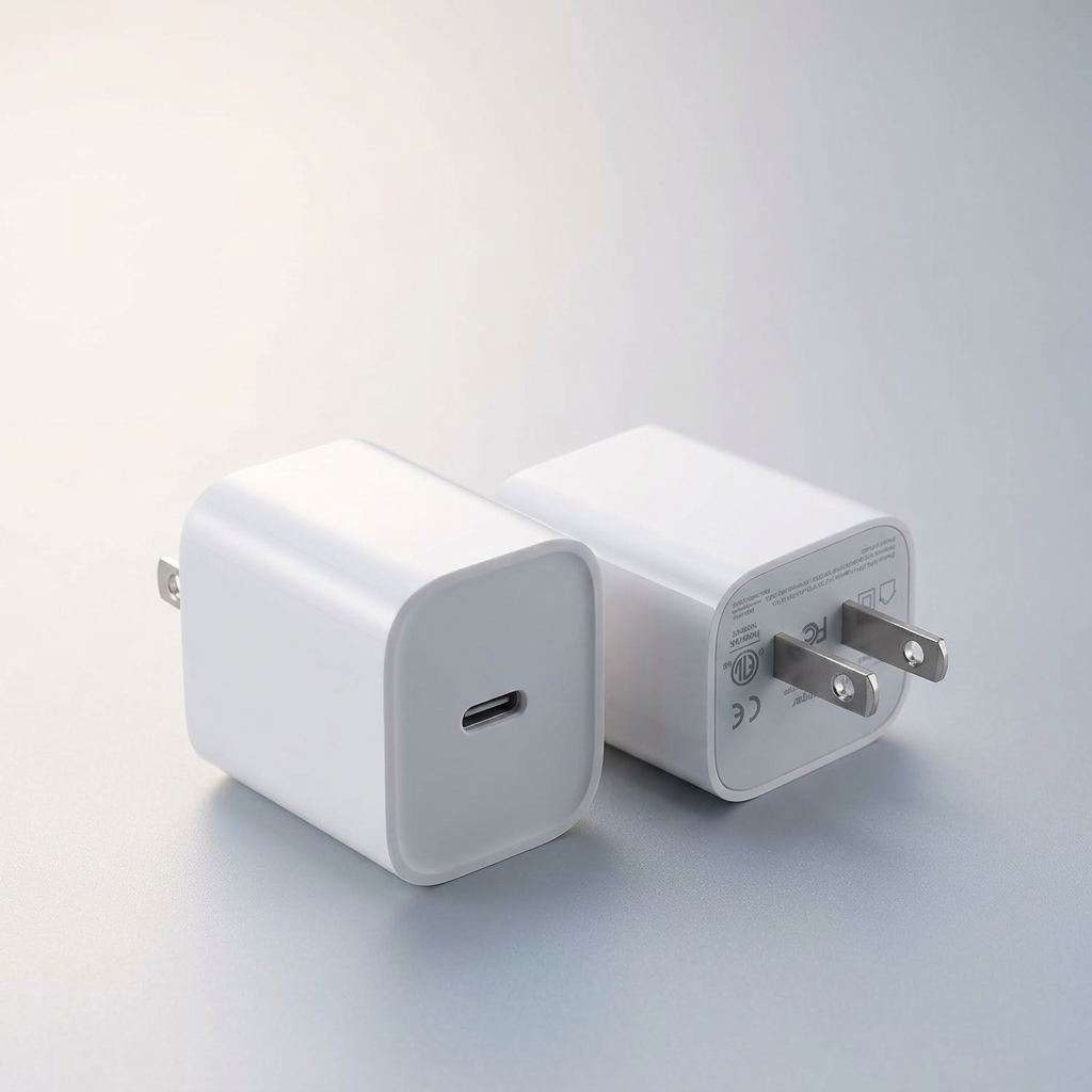 Two white USB-C chargers in a premium studio setting