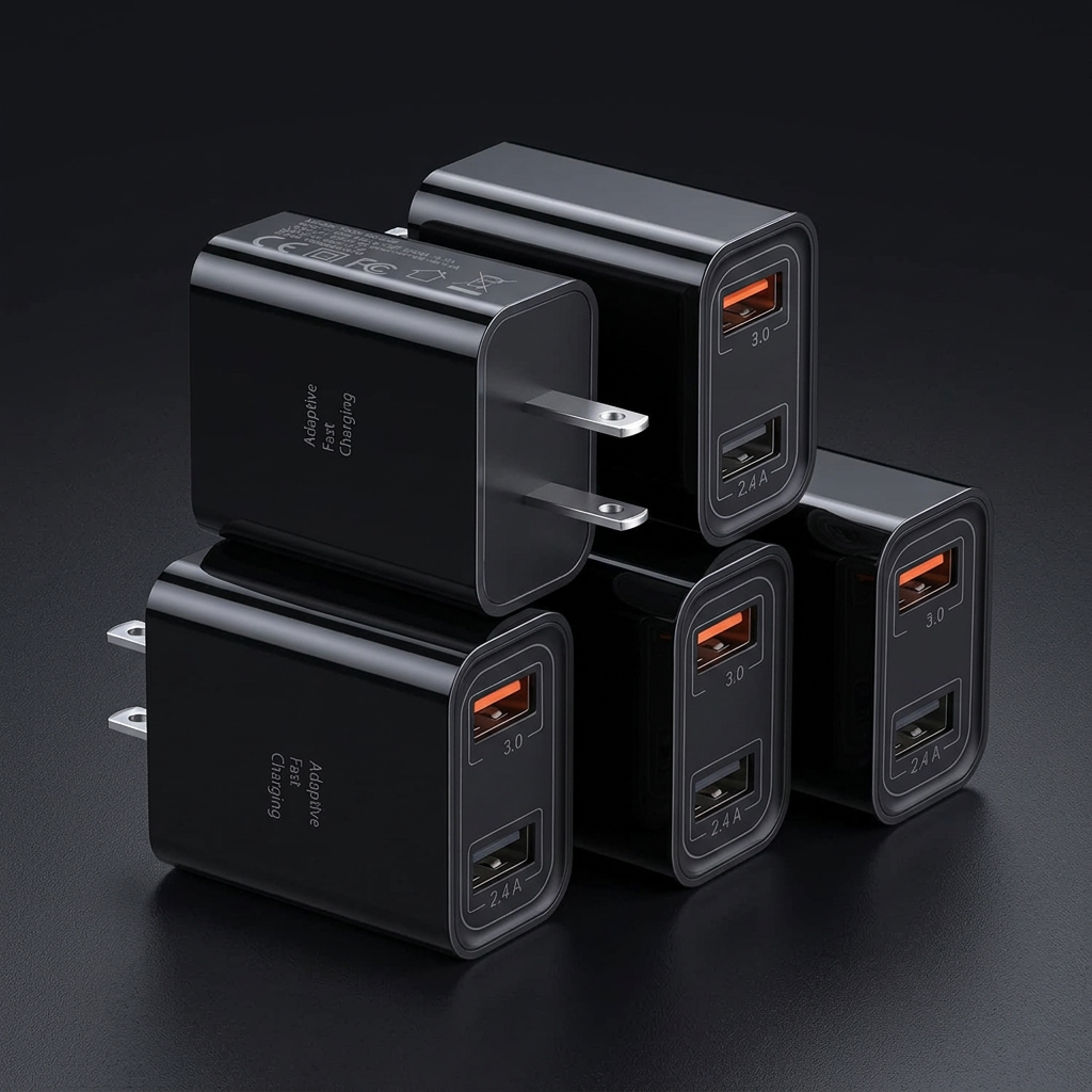 Five black dual USB wall chargers in a cinematic studio setting