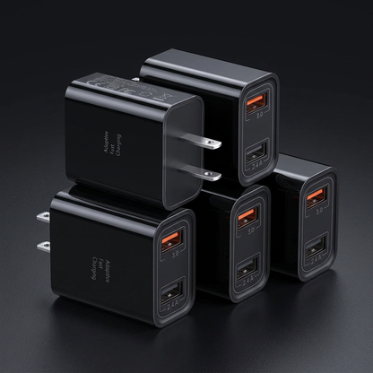 Five black dual USB wall chargers in a cinematic studio setting